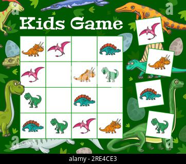 Sudoku, cartoni animati, dinosauri e uova. Enigma vettoriale per bambini con personaggi dinosauri su una tavola a scacchi. Attività educativa, teaser di parole incrociate per bambini con animali preistorici, gioco da tavolo per il tempo libero del bambino Illustrazione Vettoriale