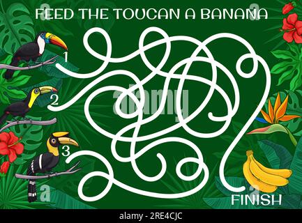 Gioco vettoriale labirinto per bambini, aiuta l'uccello tucano dei cartoni animati a trovare la banana. Rompicapo didattico, enigma o inizia a finire il gioco con il compito di trovare la strada giusta sullo sfondo di foglie di palma della giungla e tucaneti Illustrazione Vettoriale