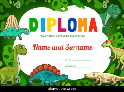 Diploma per bambini con rettili dei dinosauri dei cartoni animati, graziosi draghi vettoriali, divertenti personaggi dei dinosauri. Scuola, certificato d'asilo con animali del Giurassico preistorico, rapaci selvatici e lucertole nella giungla Illustrazione Vettoriale