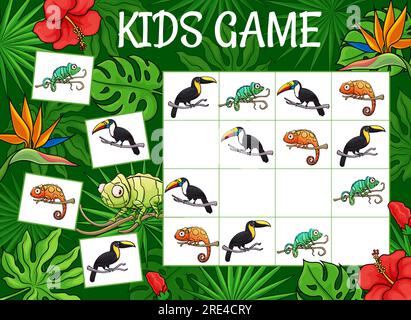 Giochi sudoku per bambini camaleonti e tucani nella giungla. Enigma vettoriale con personaggi di animali tropicali su una tavola a scacchi. Attività educativa, gioco da tavolo con parole incrociate per bambini, teaser labirinto per il tempo libero Illustrazione Vettoriale