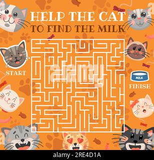Labirinto labirinto aiuta il gatto a trovare il latte. Gioco da tavolo vettoriale per bambini, puzzle con campo quadrato, percorso aggrovigliato e personaggi dei cartoni animati. Indovinello educativo per bambini, gioco da tavolo per famiglie, attività di attività in età prescolare Illustrazione Vettoriale
