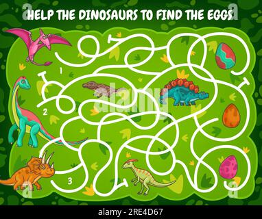 Labirinto di labirinti per bambini aiuta i dinosauri a trovare l'uovo. Gioco vettoriale a cartoni animati con divertenti rettili nel percorso aggrovigliato. Puzzle educativo per bambini con simpatici personaggi dei dinosauri, enigma con animali preistorici Illustrazione Vettoriale