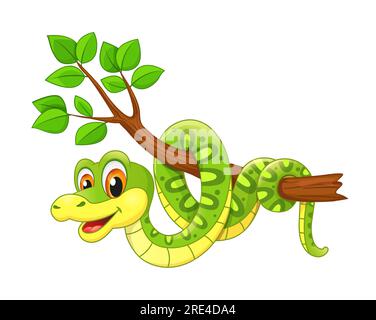 Cartoni animati simpatico serpente di pitone sull'albero della giungla, anaconda verde vettoriale. Animale serpente o personaggio serpente, su alberi di foresta, cobra di rettili felici o serpenti a sonagli con un sorriso amichevole sul viso Illustrazione Vettoriale