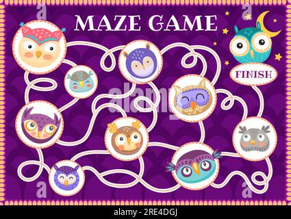 Labirinto di labirinti con uccelli civetta e giochi per bambini. Puzzle a bordo vettoriale con simpatici personaggi dei cartoni animati e un percorso aggrovigliato. Gioco da tavolo per il tempo libero del bambino con percorso, inizio e fine, enigma attività per bambini Illustrazione Vettoriale
