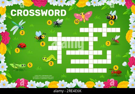 Griglia di quiz crossword con personaggi di insetti dei cartoni animati sul prato estivo. Gioco per bambini o puzzle di foglio di lavoro educativo con simpatici personaggi di farfalla, ape, formica e cavalletta, coccinella e mosca Illustrazione Vettoriale