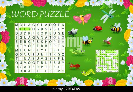 Gioco puzzle di ricerca di parole. Personaggi dei cartoni animati di insetti nel gioco di parole vettoriali estivo nei prati, foglio di lavoro educativo per bambini con carine coccinelle, farfalla, ape, Fly e Grasshopper, libellula, ant, zanzara Illustrazione Vettoriale