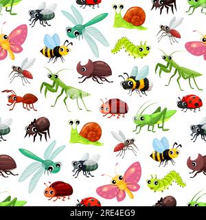 Insetti da cartoni animati motivo senza cuciture, farfalla e simpatici insetti sfondo vettoriale. Scarabeo, mosca e libellula con simpatiche coccinelle o coccinella, ape e bumblebee, falena e ragno con allegra lumaca Illustrazione Vettoriale