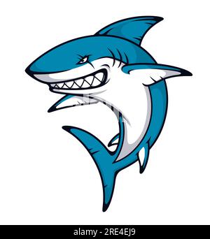 Mascotte di animale squalo arrabbiato del grande squalo bianco vettoriale. Pesci marini e oceanici da cartoni animati, aggressivi animali marini che saltano con il viso malvagio e la coda curva, denti e cicatrici spaventosi, squadre sportive o mascotte da club Illustrazione Vettoriale