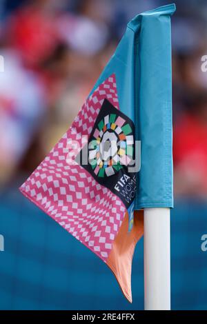 Sydney, Australia. 25 luglio 2023. Il post d'angolo che mostra la bandiera FIFA durante la Coppa del mondo femminile FIFA 2023 tra Colombia e Repubblica di Corea al Sydney Football Stadium il 25 luglio 2023 a Sydney, Australia Credit: IOIO IMAGES/Alamy Live News Foto Stock