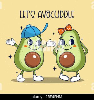 I personaggi dei cartoni animati di avocado si sposano in stile poster retrò con testo che lascia il segno. Illustrazione vettoriale. Illustrazione Vettoriale