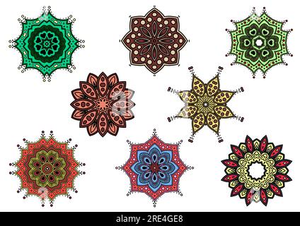 Ornamenti rotondi Paisley mandala con motivo floreale vettoriale. Fiori di pizzo indiani con motivi geometrici etnici, foglie verdi, marroni, rosse e gialle con vortici arabeschi ed elementi mosaici persiani Illustrazione Vettoriale