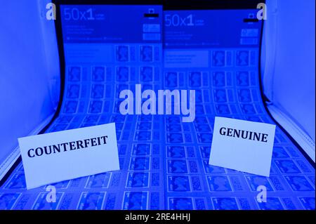 Inghilterra, 25 luglio 2023: Confronto: Sinistra, francobolli contraffatti, destra, francobolli originali sotto luce UV. I francobolli originali hanno un'ombra aggiuntiva oltre il naso della regina Elisabetta II. Anche la carta di supporto è meno reattiva alla luce UV. Le perforazioni ovali di sicurezza su entrambi i lati reagiscono con la luce UV sui falsi rispetto ai francobolli originali sulla destra. - I francobolli contraffatti con codice a barre della Royal mail sono in vendita su eBay ad una frazione del prezzo reale. I fogli di 50 francobolli sono in vendita a partire da 15 sterline (GBP) e, per un occhio insospettabile, sembrano reali. Credito: Stop Press Media/Alamy Live News Foto Stock