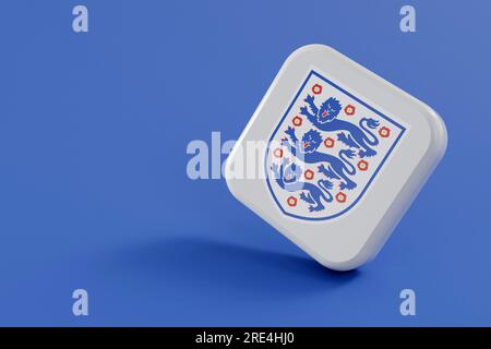 LONDRA, Regno Unito - luglio 2023: Logo della nazionale di calcio dell'Inghilterra. Rendering 3D. Foto Stock