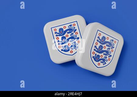 LONDRA, Regno Unito - luglio 2023: Logo della nazionale di calcio dell'Inghilterra. Rendering 3D. Foto Stock