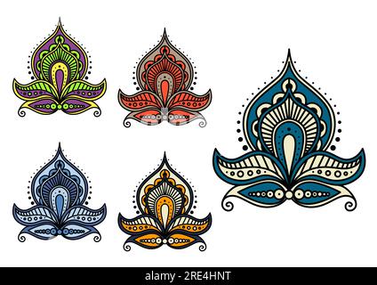 Icone vettoriali di fiori di paisley indiani con motivo floreale etnico e ornamenti arabeschi. Il pizzo persiano blu, viola, giallo e rosso fiorisce con foglie curve, petali e vortici, design tessile arabo Illustrazione Vettoriale