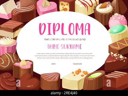 Certificato di diploma di istruzione per bambini modello vettoriale di laurea a scuola, scuola prescolare o asilo. Certificato di conseguimento con cornice di caramelle di cioccolato, tartufo e dessert di pralina Illustrazione Vettoriale