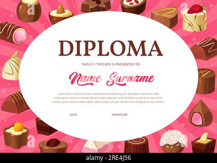 Certificato di diploma modello vettoriale di istruzione per bambini, scuola o scuola materna laurea con caramelle di cioccolato. Premio studenti o certificato di apprezzamento con dessert al cioccolato Illustrazione Vettoriale