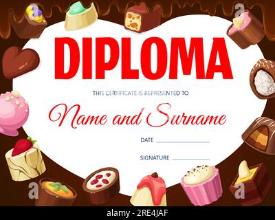 Diploma per miglior dolciario, tartufo al cioccolato, caramelle arrosto alle noci, caramelle praline cartoni animati vettoriali. Modello di certificato di laurea o di riconoscimento con dessert e dolciumi, risultato del workshop Illustrazione Vettoriale