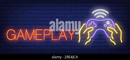 Testo neon dell'azione di gioco con le mani che tengono il joystick Illustrazione Vettoriale
