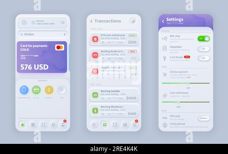 Design vettoriale dell'interfaccia neomorfa per l'online banking per applicazioni mobili reattive o app per siti Web. Modelli di interfaccia utente utente UI, UX o GUI per portafogli, carte di pagamento, transazioni e schermate di impostazione Illustrazione Vettoriale