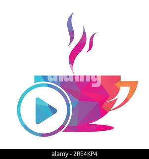 Design con logo Coffee and Play. Design con logo Coffee e vettore del pulsante di riproduzione musicale. Illustrazione Vettoriale