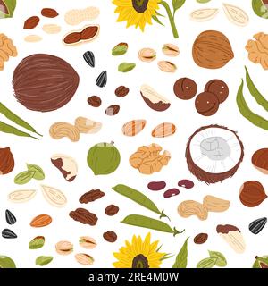 Frutta a guscio, semi e fagioli senza cuciture con mandorla vettoriale, noci, arachidi e nocciole. Fondo alimentare con semi crudi di girasole e zucca, cocco, anacardi, macadamia, pistacchio, cialde di pisello verde Illustrazione Vettoriale