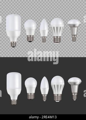 Lampade a LED, lampadine vettoriali 3d a luce fluorescente, apparecchiature di illuminazione a luminescenza a risparmio energetico. Lampadine a bassa temperatura d'esercizio diverse forme, illuminazione alogena locale e generale realistica Illustrazione Vettoriale