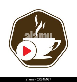 Design con logo Coffee and Play. Design con logo Coffee e vettore del pulsante di riproduzione musicale. Illustrazione Vettoriale