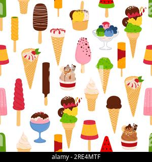 Modello senza cuciture gelato, sfondo vettoriale per dessert estivi. Coni gelati e sundae con cucchiaini di cioccolato, vaniglia e fragole, sorbetto, yogurt congelato, filetto di frutta e gelato sullo sfondo Illustrazione Vettoriale