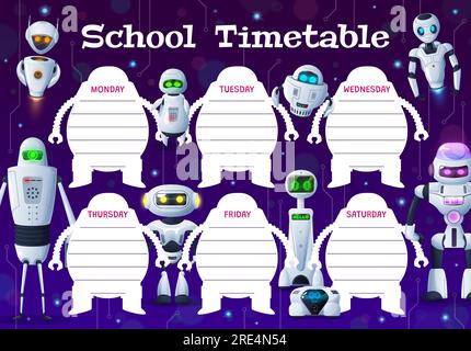 Programma del programma di formazione robot cartoni animati e modello vettoriale dei droidi. Progettazione di pianificatori settimanali con cyborg, bot e androidi di intelligenza artificiale, tabella degli orari scolastici per bambini per la pianificazione delle lezioni Illustrazione Vettoriale