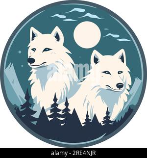 Graziosi lupi che urlano in un paesaggio artico su un bianco Illustrazione Vettoriale