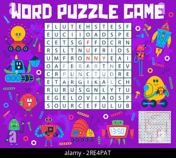 Gioco puzzle di ricerca per parole con robot cartoni animati e giocattoli droidi. Foglio di lavoro del quiz per bambini Vector con divertente assistente del computer android, simpatica macchina spaziale e amorevole cyborg umanoide. Labirinto quadrato di gioco di parole Illustrazione Vettoriale