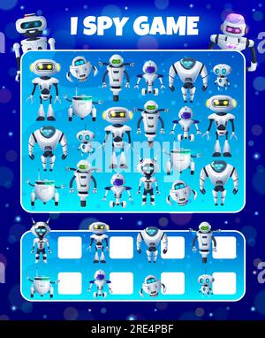 Robot e droidi per cartoni animati. Ragazzi che spiano il gioco educativo, enigma vettoriale con i cyborg ai. Quanti androidi e bot eseguono test matematici. Pagina del foglio di lavoro per lo sviluppo di competenze di numerazione e attenzione per i bambini Illustrazione Vettoriale