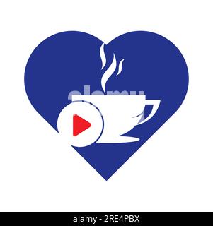 Design con logo Coffee Play Heart Shape Concept. Design con logo Coffee e vettore del pulsante di riproduzione musicale. Illustrazione Vettoriale