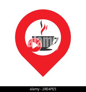 Design del logo Coffee Play gps shape Concept. Design con logo Coffee e vettore del pulsante di riproduzione musicale. Illustrazione Vettoriale