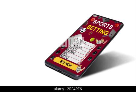 Campo da calcio sullo schermo dello smartphone e pallina sullo stadio di calcio. Calcio online. Banner scommesse sportive online. illustrazione Foto Stock