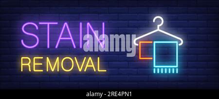 Cartello al neon per la rimozione delle macchie. Appendiabiti con asciugamani Illustrazione Vettoriale