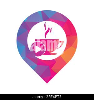 Design del logo Coffee Play gps shape Concept. Design con logo Coffee e vettore del pulsante di riproduzione musicale. Illustrazione Vettoriale