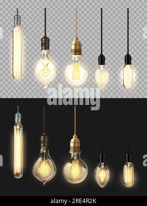 Lampade a incandescenza, lampadine a filamento vettoriale. Lampadine 3d vintage a incandescenza edison retrò di forme e forme diverse, con filo riscaldato appeso dall'alto, realistiche e isolate su sfondo nero Illustrazione Vettoriale