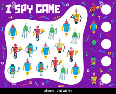 Gioco di spionaggio quiz, robot di cartoni animati e foglio di lavoro vettoriale dei droidi. Gioco puzzle per bambini con macchine spaziali retrò, simpatico cameriere robot, assistente e batteria. Divertenti cyborg umanoidi, androidi o bot Illustrazione Vettoriale