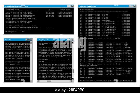 Interfaccia finestre software retro, pannelli delle schede del browser del vecchio sistema operativo del computer, schermate vettoriali. Schede del sistema operativo desktop per PC retrò e della finestra dei messaggi dell'interfaccia utente con i codici di comando del browser Web e dei pannelli dati Internet Illustrazione Vettoriale