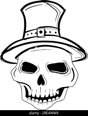 Skull Ghost indossa un cappello da strega linee disegnate a mano su uno sfondo bianco, isolatevi Illustrazione Vettoriale