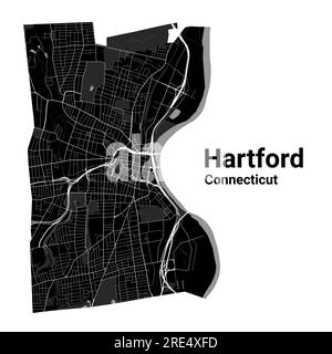 Mappa della città di Hartford, capitale dello stato USA del Connecticut. Confini amministrativi comunali, mappa dell'area in bianco e nero con fiumi e strade, parchi e Illustrazione Vettoriale