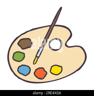 Icona della tavolozza di pittura dell'artista Doodle con pennello. Simbolo della tavolozza colorata disegnata a mano Illustrazione Vettoriale