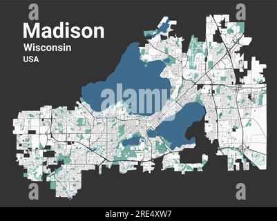 Mappa di Madison, capitale dello stato del Wisconsin degli Stati Uniti. Mappa dell'area amministrativa comunale con fiumi e strade, parchi e ferrovie. Illustrazione vettoriale Illustrazione Vettoriale