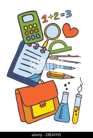 Banner stazionario Back to School disegnato a mano. Set di icone colorate Illustrazione Vettoriale