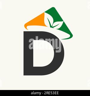 Logo agricolo sul concetto della lettera D con icona del cappello contadino. Modello di logotipo di coltivazione Illustrazione Vettoriale