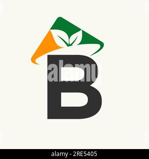 Logo agricolo sul concetto della lettera B con icona del cappello contadino. Modello di logotipo di coltivazione Illustrazione Vettoriale