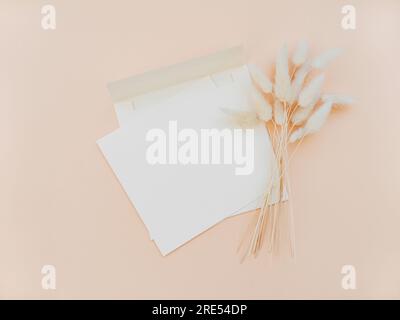 Carta bianca per testo e busta accanto al bouquet di Lagurus secco su sfondo beige. Concetto minimo per messaggio, messaggio o invito in Incolla Foto Stock