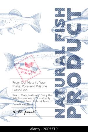 Poster di prodotti a base di pesce fresco e naturale. Pesce d'epoca con testo pubblicitario. Stampa d'arte retrò del fishy shop. Modello tipografico creativo per etichette di alimenti marini. Grafica eps vettoriale di disegno stile incisione Illustrazione Vettoriale